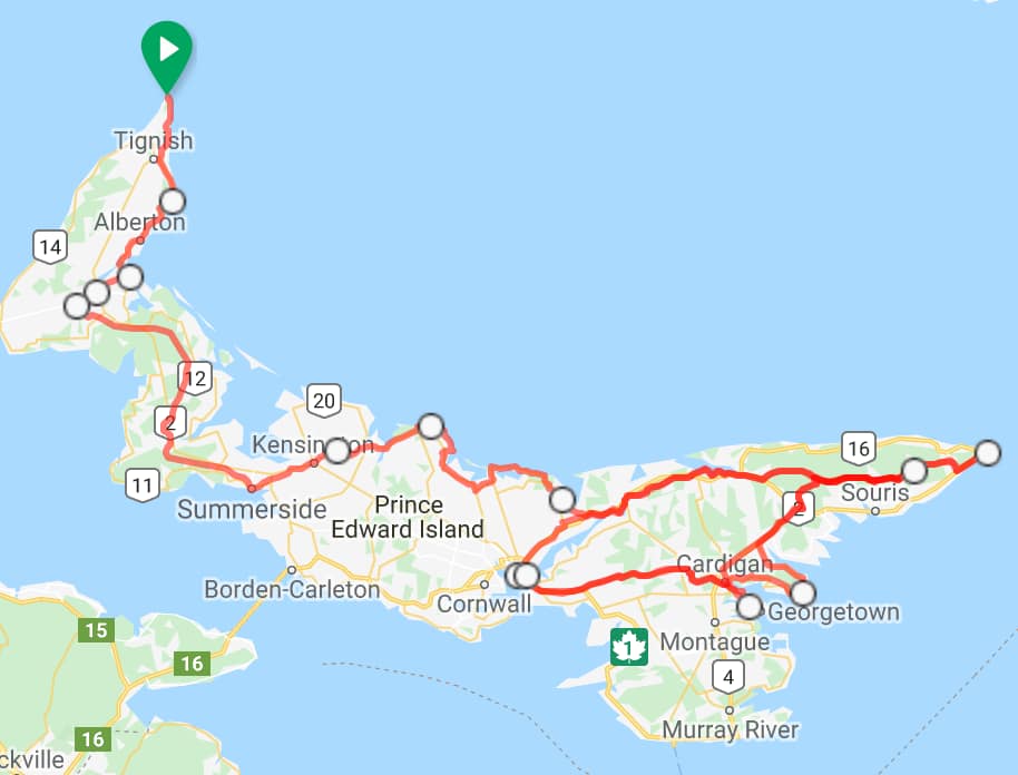 8 Day (7 night) Tip-To-Tip w/ Eastern Loop PEI Bicycle Tour prince Edward island bike map